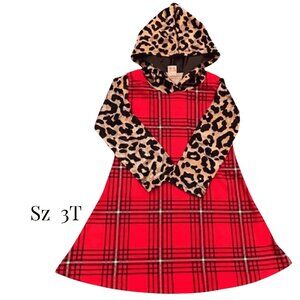 Christmas Dress, Long Sleeve, Red Plaid, Leopard Print, Hood A-line, Sz 3T